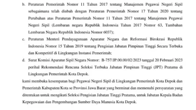 Lelang Jabatan Kepala BKPSDM Dibuka Pemkot Depok