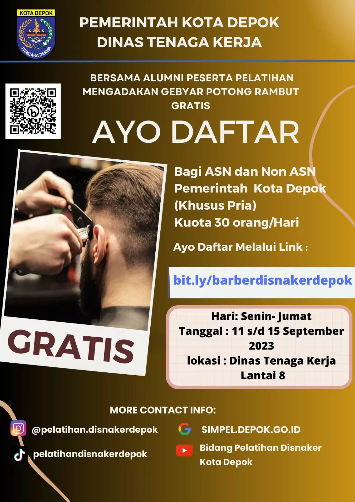 Disnaker Depok Buka Layanan Gebyar Potong Rambut Gratis, Buruan Daftar!